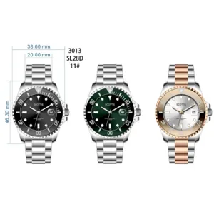 Ανδρικό ατσάλινο ρολόι Scottie 3013 σε στυλ Submariner σε ασήμι, πράσινο και χρυσό