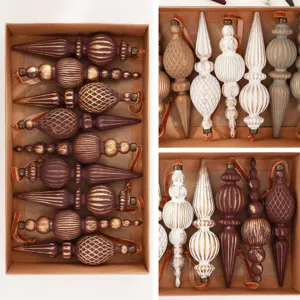 Set of vintage conical Christmas tree ornaments in rustic brown and gold distressed finish