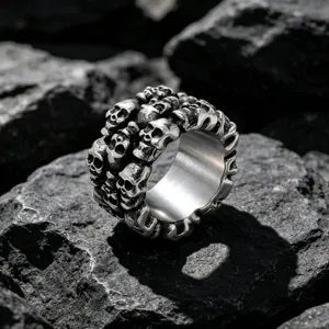 Men Stainless Steel Skull Ring Punk Gothic Vintage Titanium Steel Band Biker Jewelry Bold Rugged Style