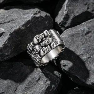 Vintage men's skull ring in durable titanium steel with detailed Gothic carving