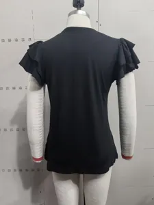 Back view of a black women's T-shirt with stylish double-layered ruffle sleeves.