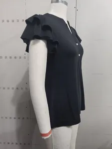 Side profile detail of a black women's T-shirt featuring V-neck and ruffled flutter sleeves