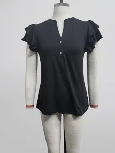 Detailed close-up of a black V-neck top with stylish ruffled sleeves and front button detail.