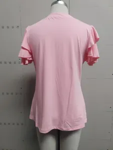Back view of pink short-sleeved t-shirt featuring elegant multi-layered ruffle sleeves
