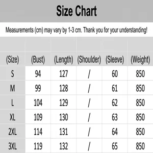 Detailed size chart for women's long trench coat with measurements in cm and sizes S-3XL.