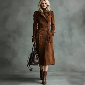 Full-length view of a luxurious brown suede-style trench coat with western lapel.