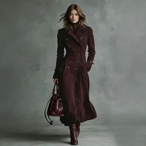 Full view of elegant burgundy velvet long trench coat with double-breasted detail