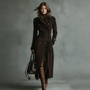 Detailed full-length view of a brown double-breasted long trench coat with a waist belt.