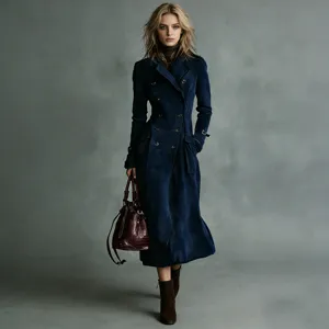 Elegant long navy blue double-breasted suede-textured trench coat worn by a model in studio