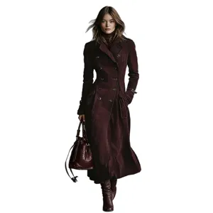 Elegant women's long burgundy double-breasted trench coat with classic lapel design