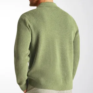 Detailed back view of a men's sage green ribbed knit cardigan showing premium fabric texture