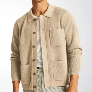 Close-up of men's beige ribbed knit cardigan sweater with turn-down collar and pockets