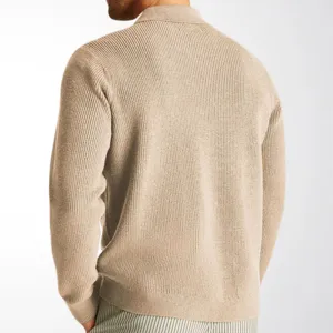 Back view detail of men's beige ribbed knit cardigan sweater with premium texture
