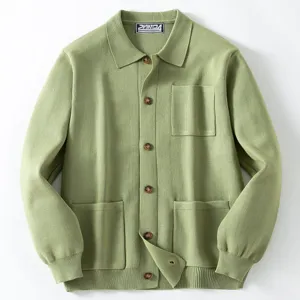 High quality detail of a sage green men's knitted cardigan featuring polo collar design