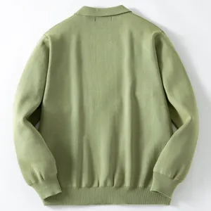 Back view of men's casual light green knitted cardigan with ribbed cuffs and hem