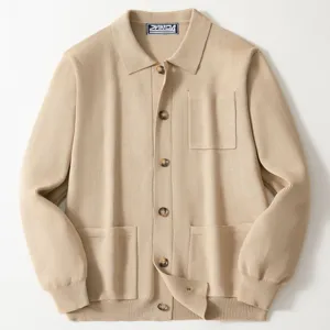 Detailed view of beige knitted men's cardigan with polo collar and pockets