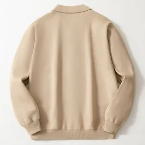 Back view of a beige men's knitted cardigan with turn-down collar and ribbed hem