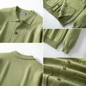 Close-up of men's sage green knitted cardigan showing polo collar, buttons and cuffs detail