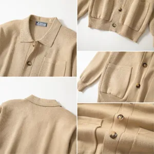 Detail shots of a beige men's knitted cardigan showing texture, buttons, and collar