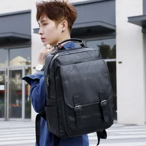 Hombres negro PU cuero ocio negocios portátil mochila impermeable viaje al aire libre