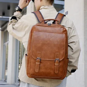 Mochila vintage de cuero PU para hombre negocios viaje ordenador portatil impermeable