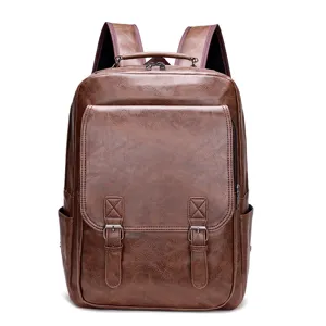 Hombres vintage marrón cuero PU casual negocios mochila viaje portátil vista principal