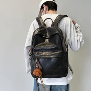 Vintage PU Leder Rucksack Herren Damen Einfache Pendler Schultasche Große Kapazität Universität Student Reise Rucksack Mit Bären Anhänger