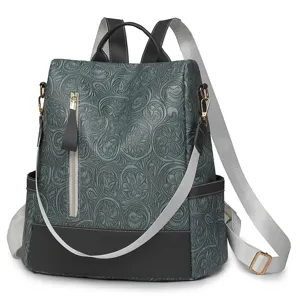 Damen PU Leder Rucksack Vintage Gepraegte Blumen Stil Casual Alltag Reiserucksack Grau