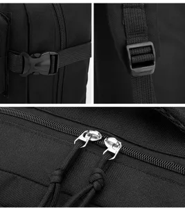 Details des schwarzen taktischen Rucksacks mit stabilen Schnallen, Gurten und Reißverschlüssen.