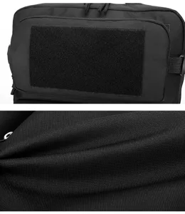 Schwarzes taktisches Rucksackdetail mit strapazierfähigem Nylon und Klettverschluss.