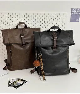 Vintage roll-top PU leather backpack for men and women, stylish travel computer daypack.