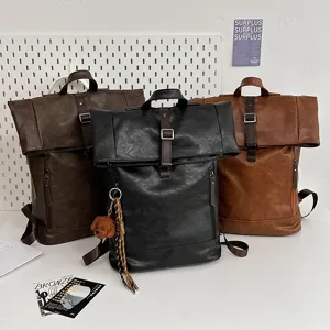 Retro Roll Top Backpack Unisex PU Leather Casual Travel Computer Bag Waterproof Fashion Vintage School Bookbag