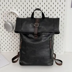 Classic black PU leather roll-top backpack for men and women, stylish vintage travel laptop bag.