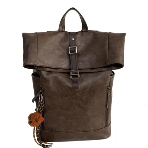 Dark brown PU leather roll top backpack vintage casual travel daypack with furry charm