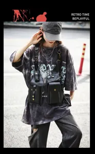 Trendy PU leather tactical chest bag for men and women, stylish street fashion vest bag.