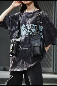 Black PU leather tactical vest bag detail, multi-pocket streetwear chest rig for daily use.