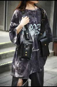 Black PU leather tactical chest bag for men and women, stylish street wear fashion vest pack.