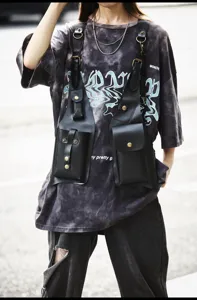 Black PU leather tactical chest bag, multi-pocket streetwear vest harness for daily commute.