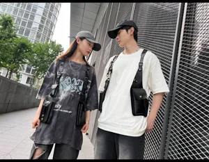 Trendy PU leather tactical vest bag for men and women, casual streetwear chest rig style.