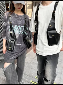 Unisex fashion PU leather tactical harness bag chest rig streetwear hip hop style