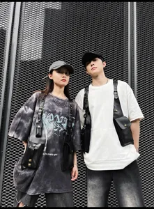 PU leather tactical vest bag for men and women, stylish streetwear chest rig with multi pockets.