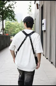 Black PU soft leather tactical harness bag, trendy crossbody chest vest for daily commuting.