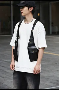 Black PU leather tactical vest bag for men and women, stylish streetwear multi-pocket chest bag.
