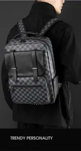 Mochila de cuero PU a cuadros para hombre bolso viaje portátil negocios detalle vista