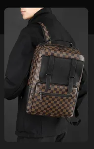 Mochila casual de negocios para hombre de cuero PU a cuadros viaje gran capacidad.