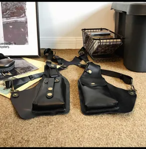 Black PU leather tactical vest bag detail showing multi-pocket design and metal buckles.