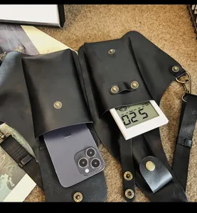 Black PU leather tactical chest bag, casual commuter waist bag, stylish multi-pocket design.