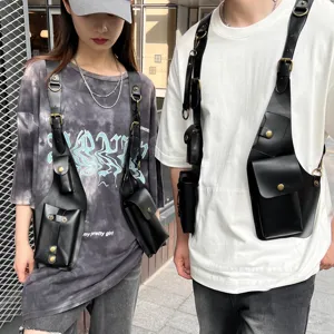 Men Women PU Leather Tactical Chest Bag Multi Pocket Casual Streetwear Vest Bag Crossbody Bag Commuter Functional Pack