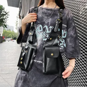 Black PU leather tactical chest bag for men and women street fashion streetwear style