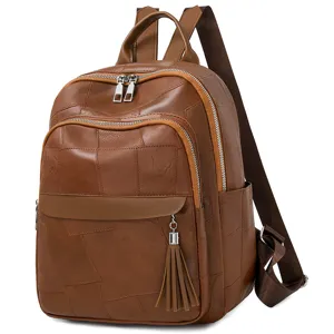 Damen braun Flicken Leder Rucksack stilvoll Freizeit Arbeit Schultasche mit Quaste.